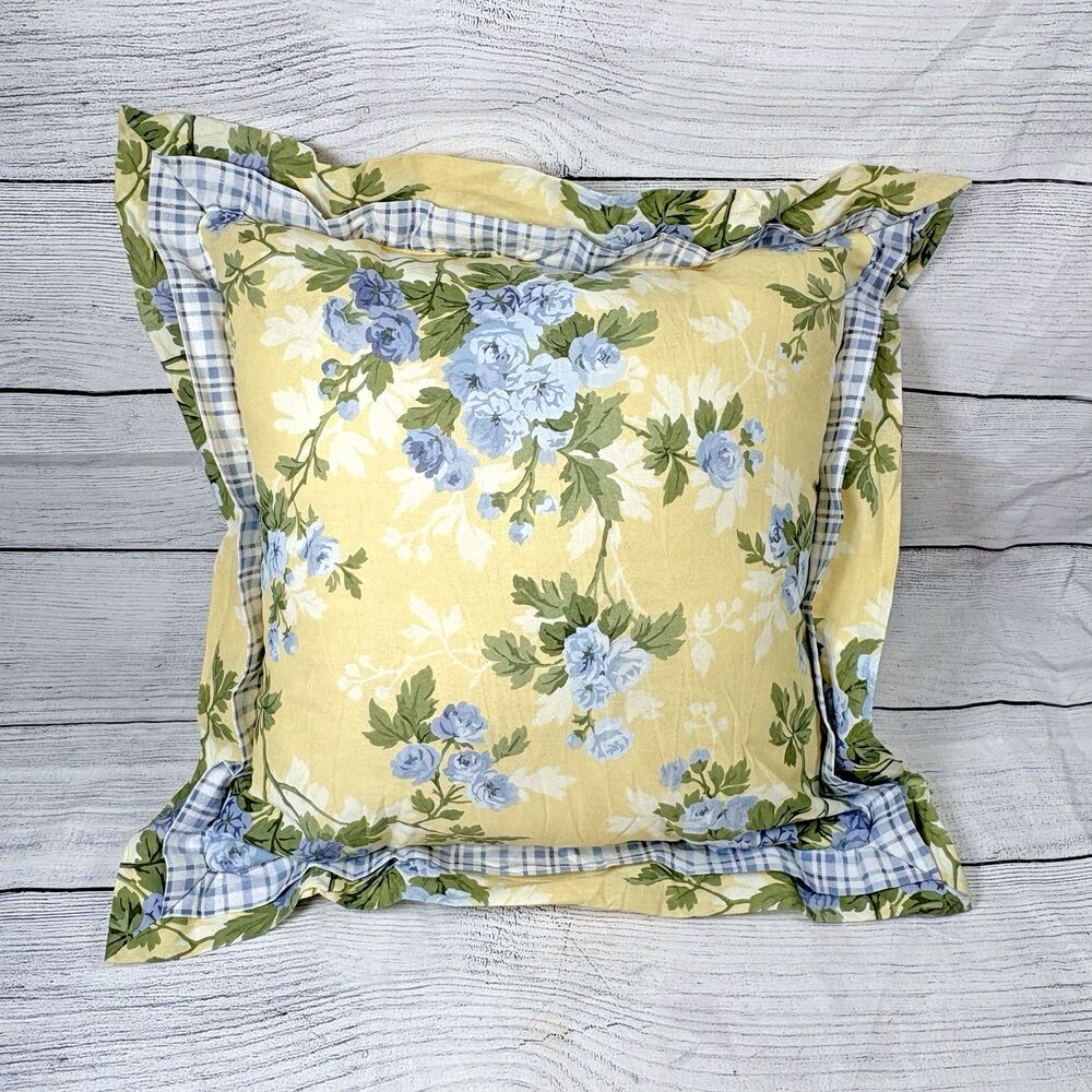 Laura Ashley Square 18x18" Ruffled Pillow Yellow Blue Flowers Gingham Cottage